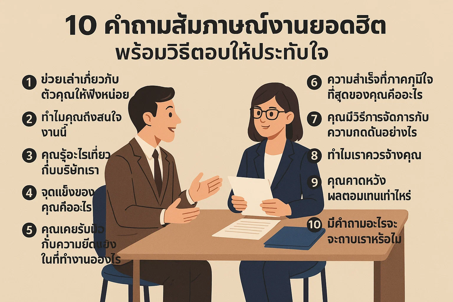 10 คำถามสัมภาษณ์งานที่พบบ่อย พร้อมตัวอย่างการตอบ