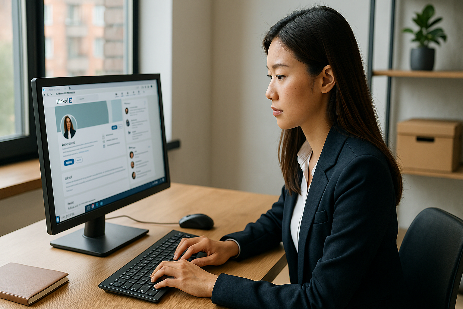 สมัครงานไม่ผ่านสักที? ลองวิธี Reverse Job Search เปลี่ยนคุณให้เป็นที่ต้องการของตลาดงาน ภาพแสดงคนรุ่นใหม่แต่งตัวมืออาชีพ กำลังนั่งหน้าคอมพิวเตอร์ ใช้ LinkedIn หรือสร้างโปรไฟล์ส่วนตัว ท่ามกลางแสงธรรมชาติในออฟฟิศร่วมสมัย