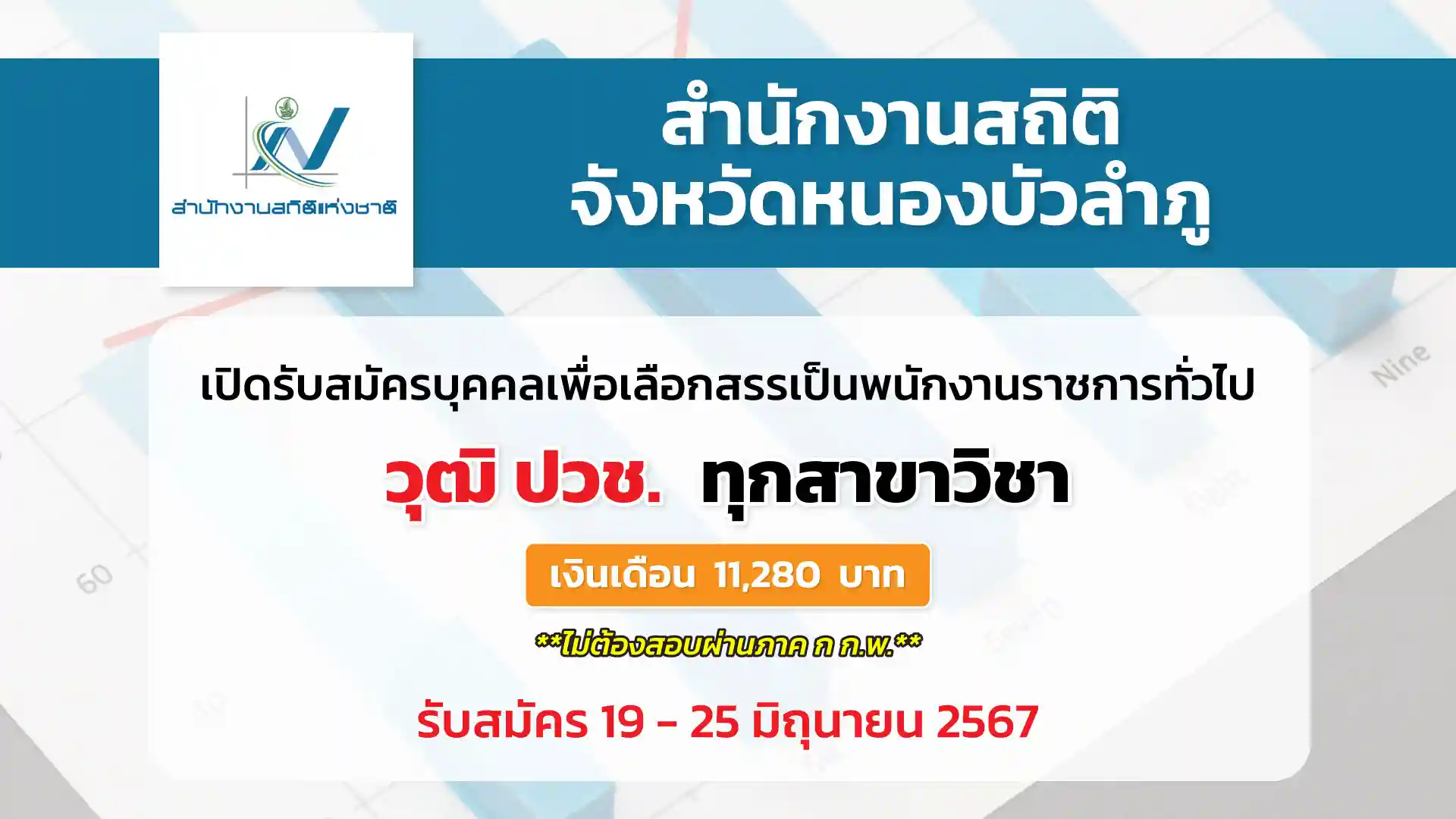 สำนักงานสถิติจังหวัดหนองบัวลำภู เปิดรับสมัครบุคคลเพื่อเลือกสรรเป็นพนักงานราชการทั่วไป