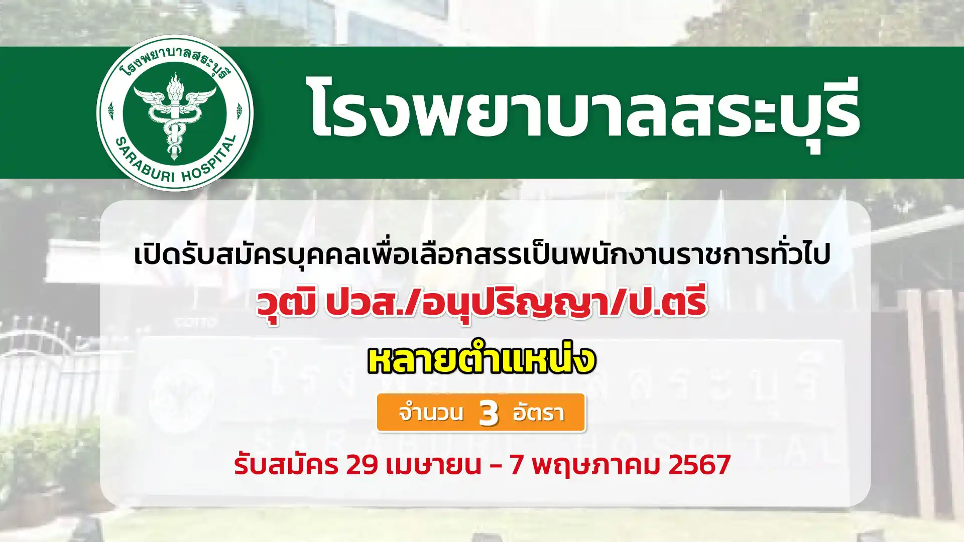 โรงพยาบาลสระบุรี เปิดรับสมัครบุคคลเพื่อเลือกสรรเป็นพนักงานราชการทั่วไป