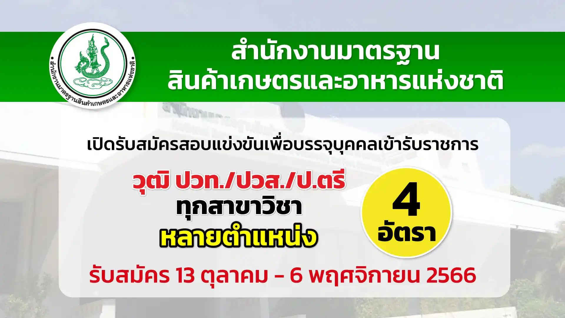 สำนักงานมาตรฐานสินค้าฯ เปิดรับสมัครสอบแข่งขันเพื่อบรรจุบุคคลเข้ารับราชการ