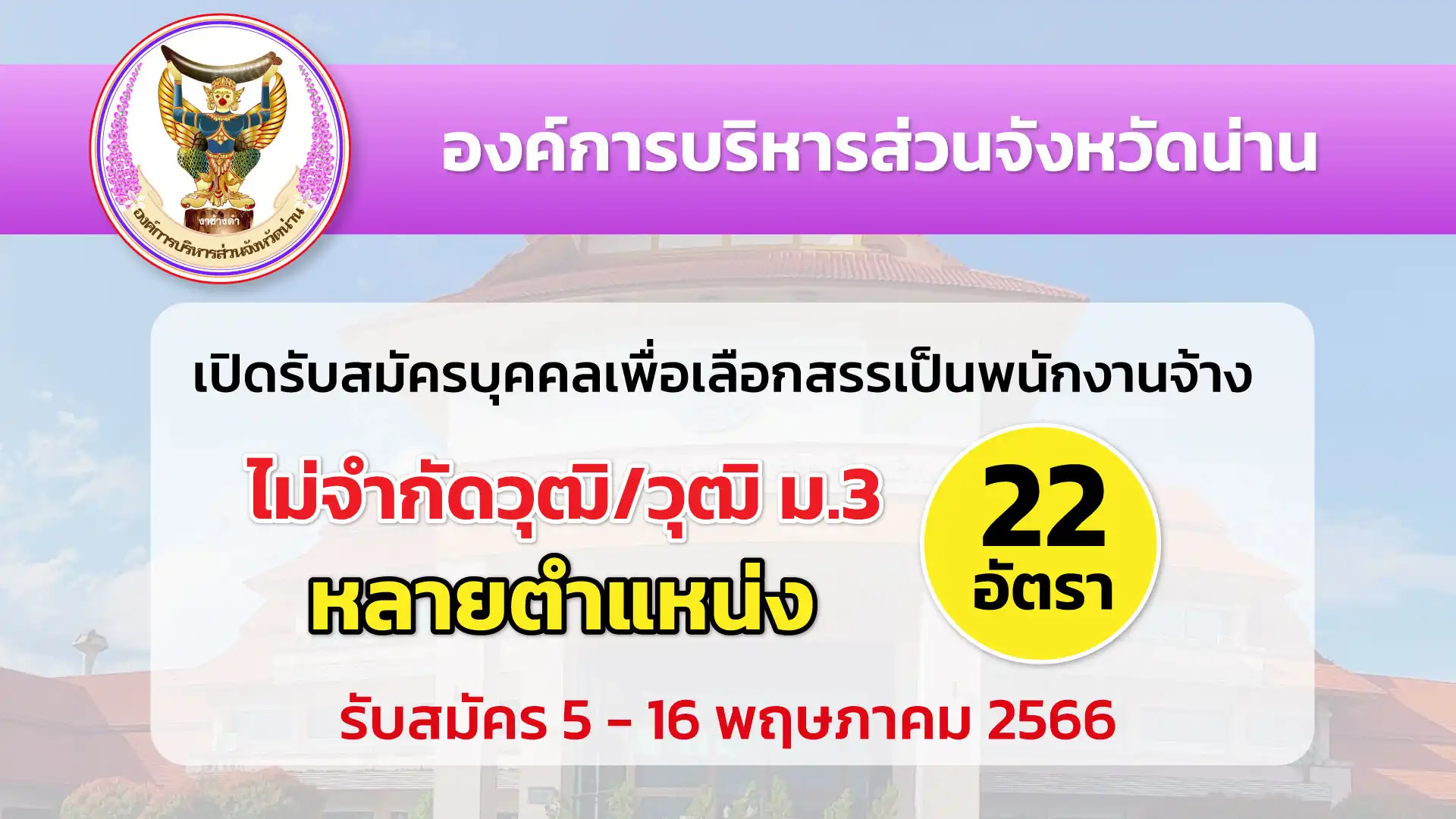 องค์การบริหารส่วนจังหวัดน่าน รับสมัครบุคคลเพื่อสรรหาและเลือกสรรเป็นพนักงานจ้าง 