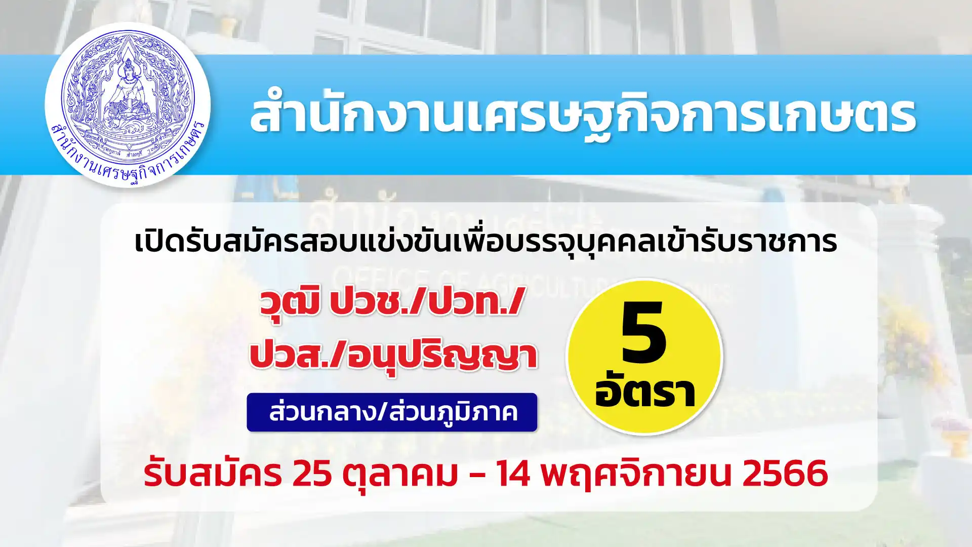 สำนักงานเศรษฐกิจการเกษตร เปิดรับสมัครสอบแข่งขันเพื่อบรรจุบุคคลเข้ารับราชการ