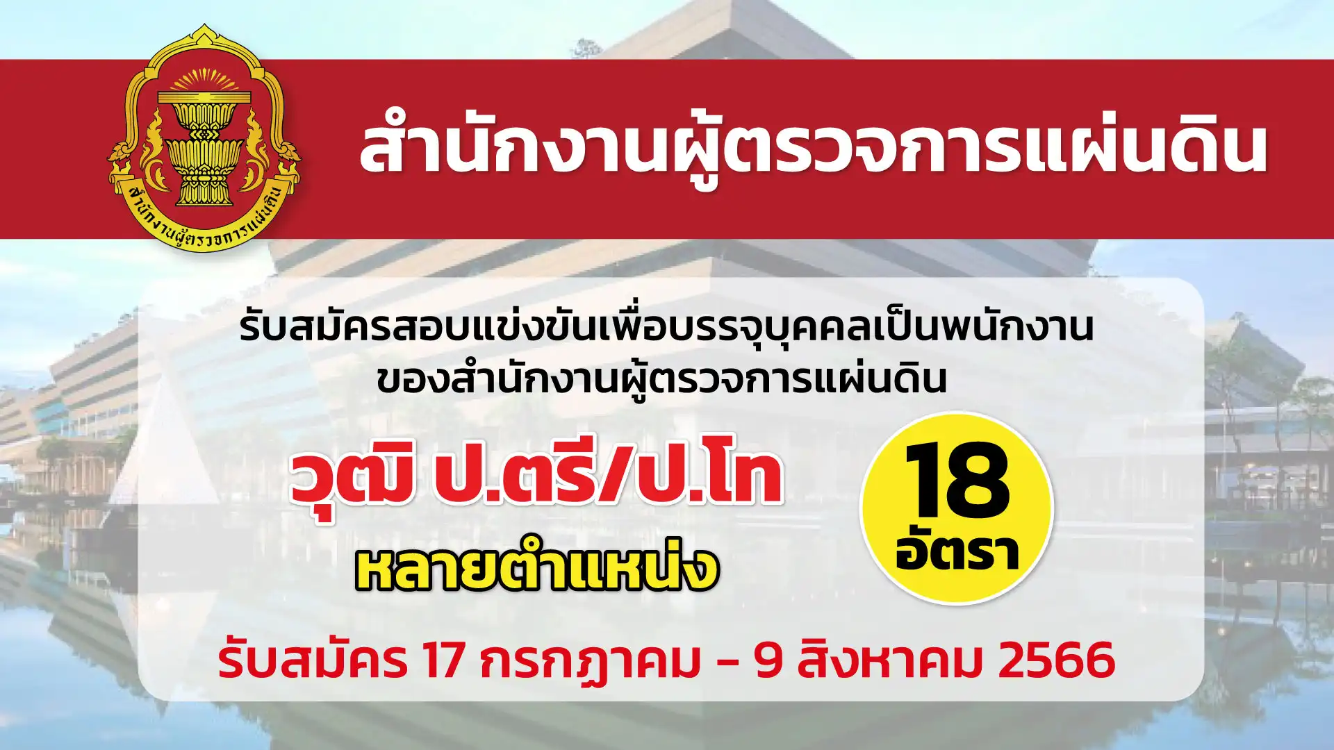 สำนักงานผู้ตรวจการแผ่นดิน เปิดรับสมัครสอบแข่งขันเพื่อบรรจุบุคคลเป็นพนักงาน