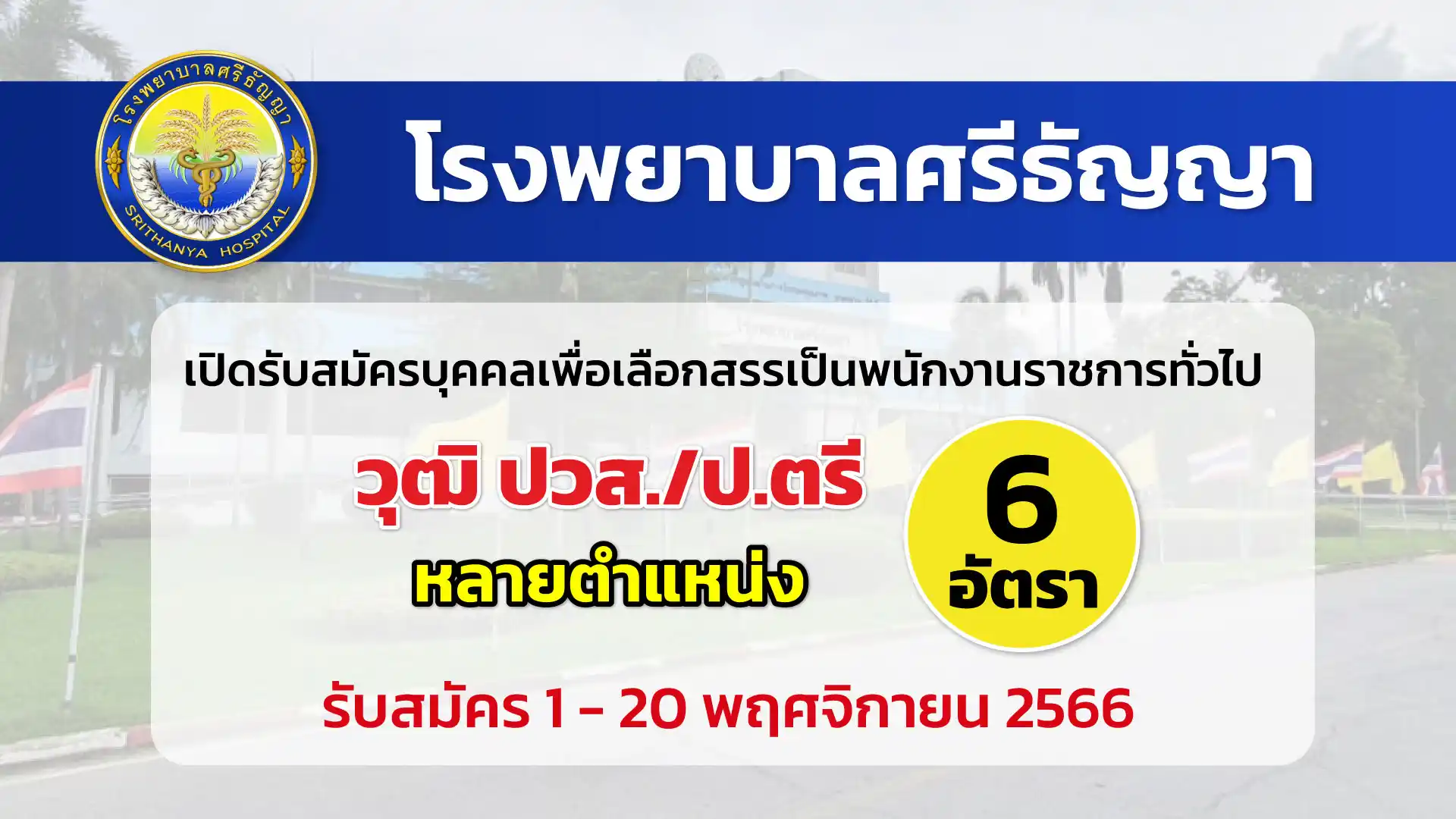 โรงพยาบาลศรีธัญญา เปิดรับสมัครบุคคลเพื่อเลือกสรรเป็นพนักงานราชการทั่วไป