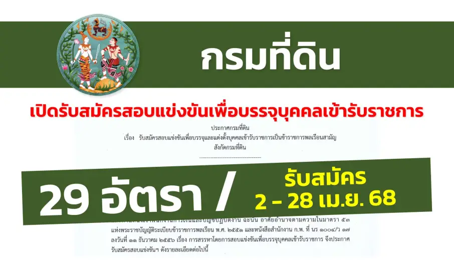 กรมที่ดิน เปิดรับสมัครสอบแข่งขันเพื่อบรรจุและแต่งตั้งบุคคลเข้ารับราชการ