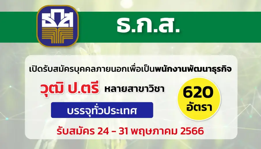 ธ.ก.ส. เปิดรับสมัครบุคคลภายนอกเพื่อเป็นพนักงานพัฒนาธุรกิจ