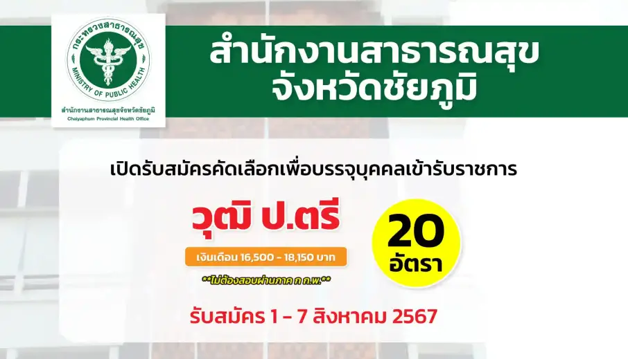สำนักงานสาธารณสุขจังหวัดชัยภูมิ เปิดรับสมัครคัดเลือกเพื่อบรรจุและแต่งตั้งบุคคลเข้ารับราชการ